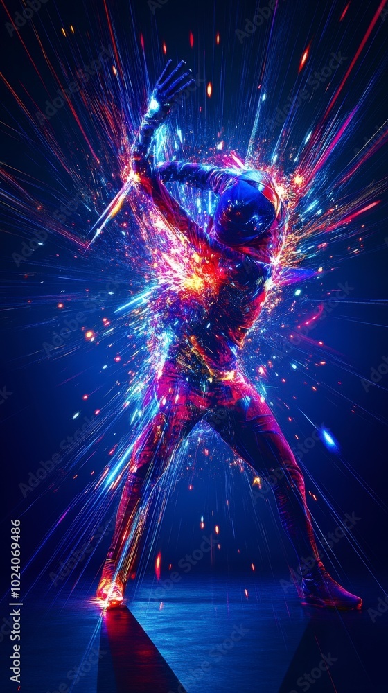 Poster vibrant and futuristic digital artwork of a dynamic exploding figure