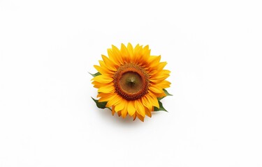 A single sunflower, yellow petals and a brown center, on a plain white background.