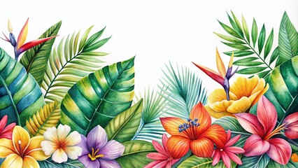 Fototapeta premium A lively watercolor border featuring Strelitzia, Hibiscus, Frangipani, and palm leaves, perfect for Aloha Hawaii