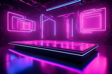 Modern 3D podium with bright neon lights, abstract background, and a glowing platform for tech events, cyberpunk displays, or exhibitions