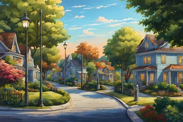 Naklejka premium A peaceful watercolor of a charming village cottage surrounded by green trees, blooming shrubs, and a winding scenic trail
