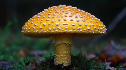 Fototapeta premium A vibrant yellow mushroom with white spots a captivating forest find