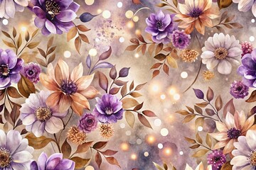An elegant watercolor floral pattern featuring earthy browns and faded purples, complemented by soft gray tones,