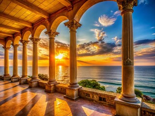 Antique colonnade at sunset over the sea creating a stunning coastal view with warm colors and serene atmosphere