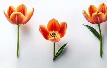 Three orange tulips with green stems and leaves against a white background.
