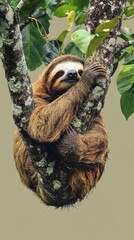 Naklejka premium A sloth hangs upside down from a tree branch
