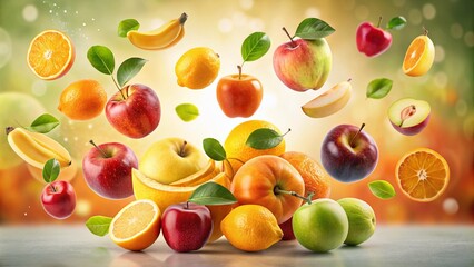 Apples, oranges, and pears gracefully float against a pristine white background, creating a vibrant and surreal visual for urban exploration