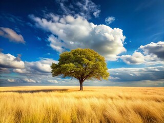 Fototapeta premium A serene landscape featuring a solitary tree in an expansive field, under a clear blue sky, creating a peaceful ambiance perfect for reflection.