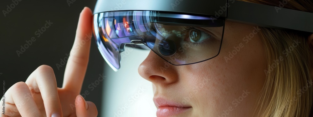 Poster smart glasses interaction, a user engaged with a virtual assistant through innovative smart eyewear 