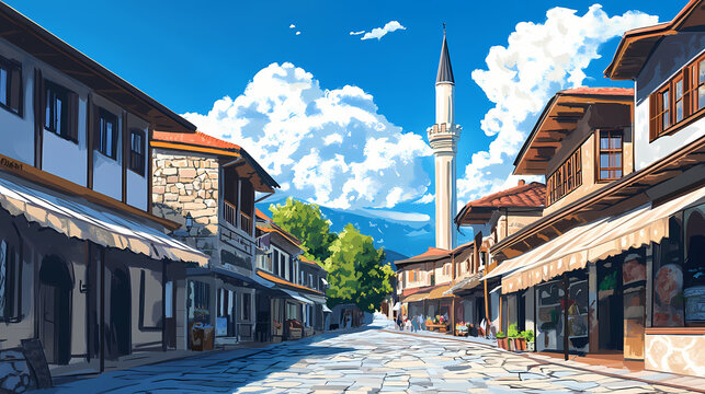 Ottoman old bazaar in korca, albania with blue cloudy sky , korca, albania, ottoman, old bazaar, architecture, historic. Ottoman Bazaar. Illustration