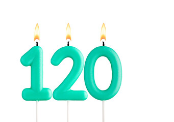 Green birthday candle on white background - Candle number 120