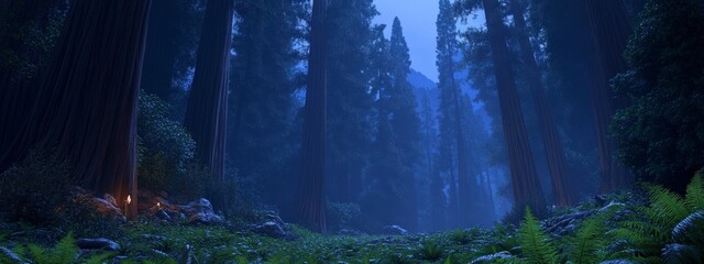 Obraz premium Serene forest at dusk with tall trees and soft lighting