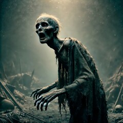 Fototapeta premium Emaciated Horror Figure in Desolate Landscape