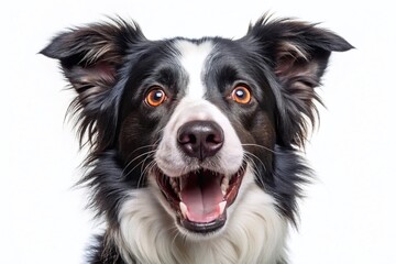 Fototapeta premium Astonished Border Collie Portrait with Open Mouth and Big Eyes, Funny Emotion Waiting for Food, Adorable Pet Isolated