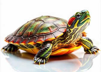 Fototapeta premium A striking conceptual photograph of a Cuora Amboinensis turtle showcases its unique features against a pristine minimalist white background,