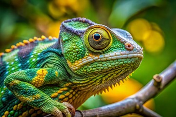 Obraz premium A striking green and yellow chameleon perched on a tree branch, showcasing nature's vibrant colors and unique textures, offering a captivating