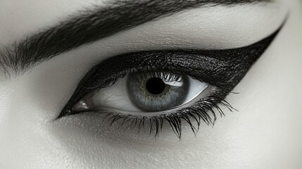 A close-up of a womans eye with dramatic winged eyeliner