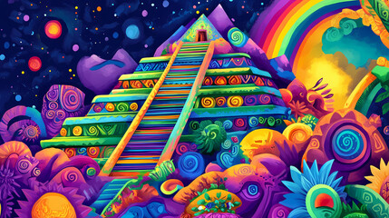 Psychedelic colorful illustration of mountain or pyramid in ancient traditional mexican art style, mayan paintings. mayan pyramid. illustration. Psychedelic Art. Illustration