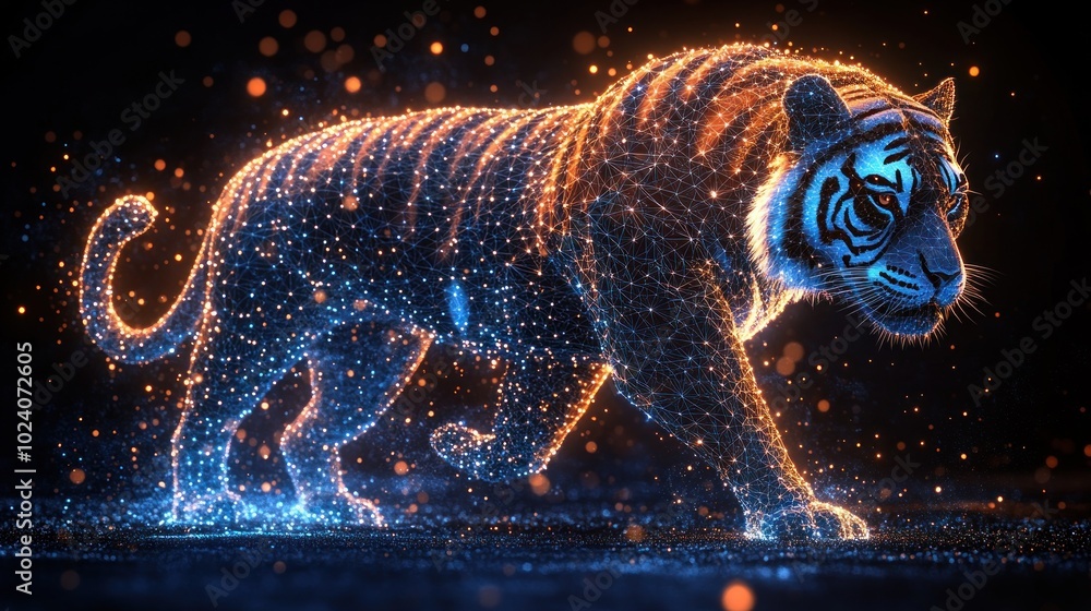 Poster a digital rendering of a tiger made up of glowing particles on a dark background.