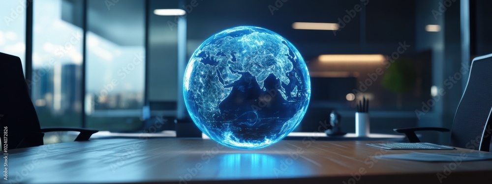 Poster holographic globe displaying dynamic weather patterns in a modern smart office environment, innovati