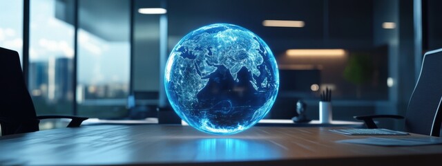 Holographic globe displaying dynamic weather patterns in a modern smart office environment, innovative technology, sleek design, informative visualization