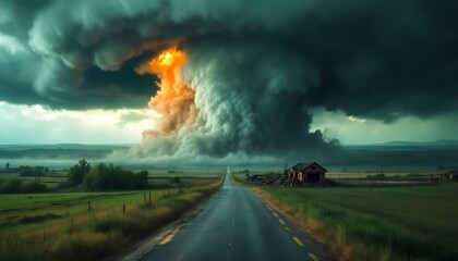Obraz premium Dramatic Storm Cloud with Intense Fireball Over an Abandoned Road and Ruins in Countryside Landscape