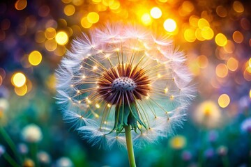 A stunning vertical close-up of a dandelion flower head releasing delicate seeds, with a beautifully blurred bokeh