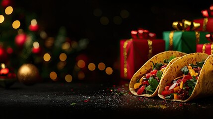Christmas Background, Festive tacos with colorful toppings on a dark background, holiday gifts behind.