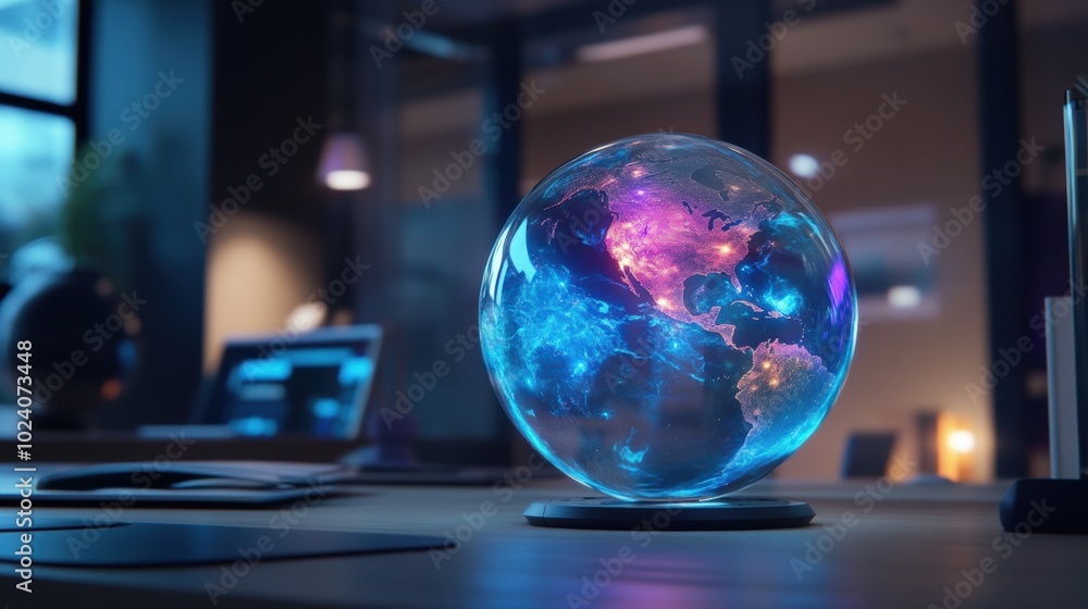 Poster holographic globe displaying dynamic weather patterns, modern smart office environment, advanced tec
