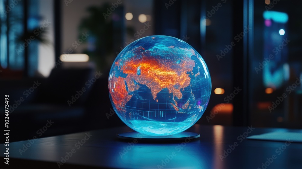 Poster holographic globe displaying dynamic weather patterns, modern smart office environment, innovative t