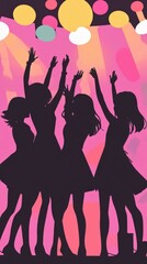 Silhouettes of five dancing figures under colorful lights at party