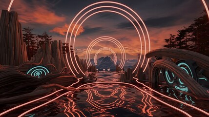 A mesmerizing, ultra-detailed image of a futuristic realm, bathed in neon orange and surrounded by glowing auras, capturing the haunting beauty of the next world with professional DSLR lighting 