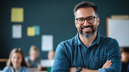 Engaging Teacher Smiling in Classroom Setting