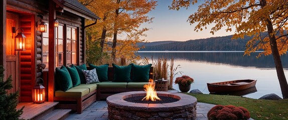 a cozy lakeside setting. The layout includes a wooden cabin on the left with warm, glowing lanterns hanging by the entrance.