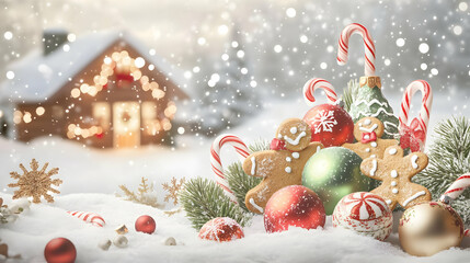 A festive arrangement of Christmas decorations in a snowy landscape with a cozy cabin backdrop.