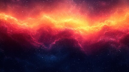 Obraz premium A cosmic nebula with vibrant red, orange, and yellow hues against a dark blue starry background.