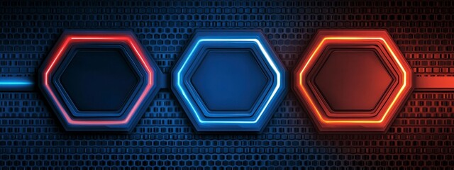 Glowing hexagons on a textured dark background with blue and red lights