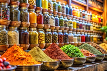 Fototapeta premium A vibrant market brimming with colorful spices and herbs inspires culinary creativity and exploration, inviting chefs to discover new flavors and