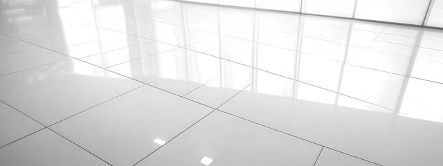 Modern white tiled floor with reflections and natural light