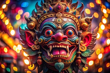 Fototapeta premium Bali Demon Mask T-Shirt Design with Bokeh Effect for Unique Apparel