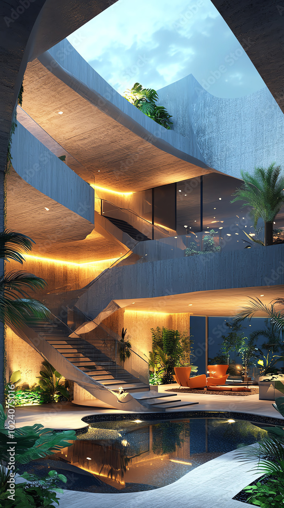 Poster modern architectural design with illuminated spaces