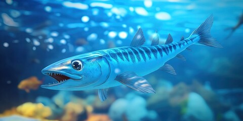 Fototapeta premium Playful 3D barracuda cartoon gliding through the water, 