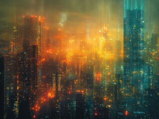 A futuristic city skyline with neon lights and a hazy atmosphere.