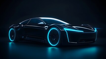 black futuristic electric car with blue light. Concept of future. 3d rendering. 