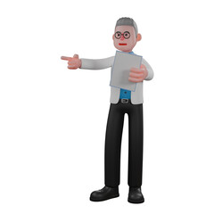 Cartoon Illustration of a Male Physicist. A male physicist stands holding paper in his right hand and pointing in a certain direction with his left hand.  3D Science Style