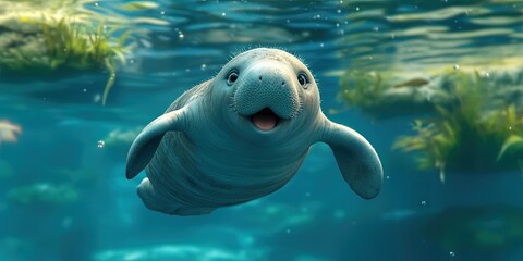 Fototapeta premium Playful 3D manatee cartoon gliding through the water, 