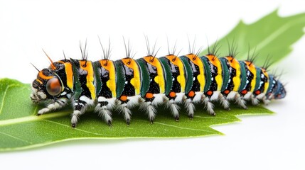 Fototapeta premium A caterpillar with colorful stripes sitting on a fresh green leaf, isolated on a white background for PNG transparency.