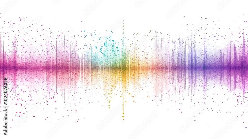 Poster a dynamic array of colorful sound waves in layered patterns, representing sound complexity, isolated