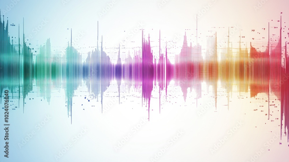 Poster a dynamic array of colorful sound waves in layered patterns, representing sound complexity, isolated