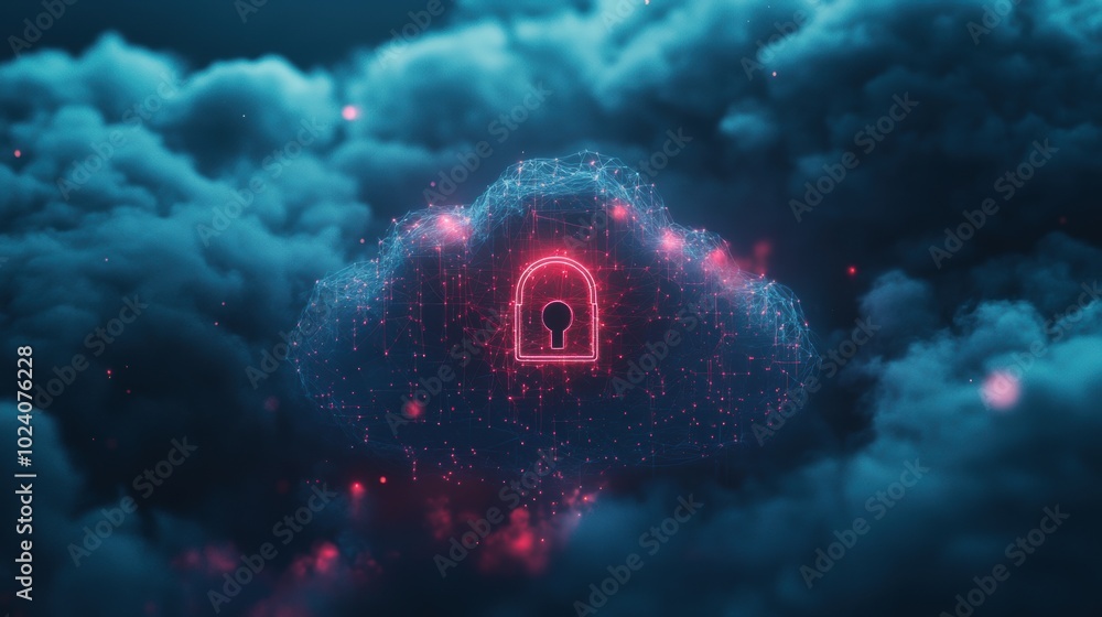 Aufkleber digital security emblem suspended in a cloud network, representing modern cybersecurity challenges a